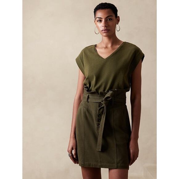 Banana Republic Size XL Cotton Slub Trapunto Top Green V-Neck - Picture 1 of 6